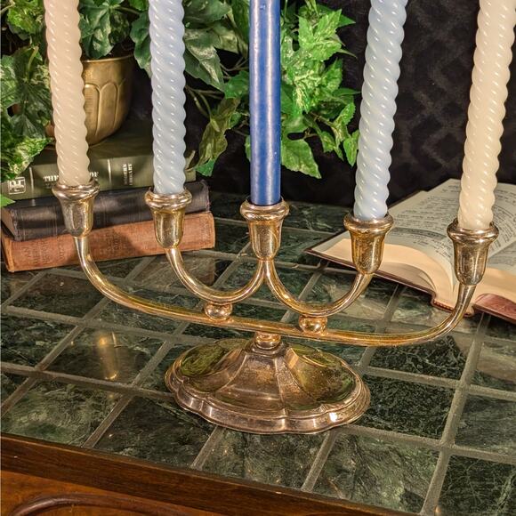 Vintage Five Light Silver Plate Menorah Candelabra, Yahrzeit, Sabbath, Kabbalah - Picture 2 of 8